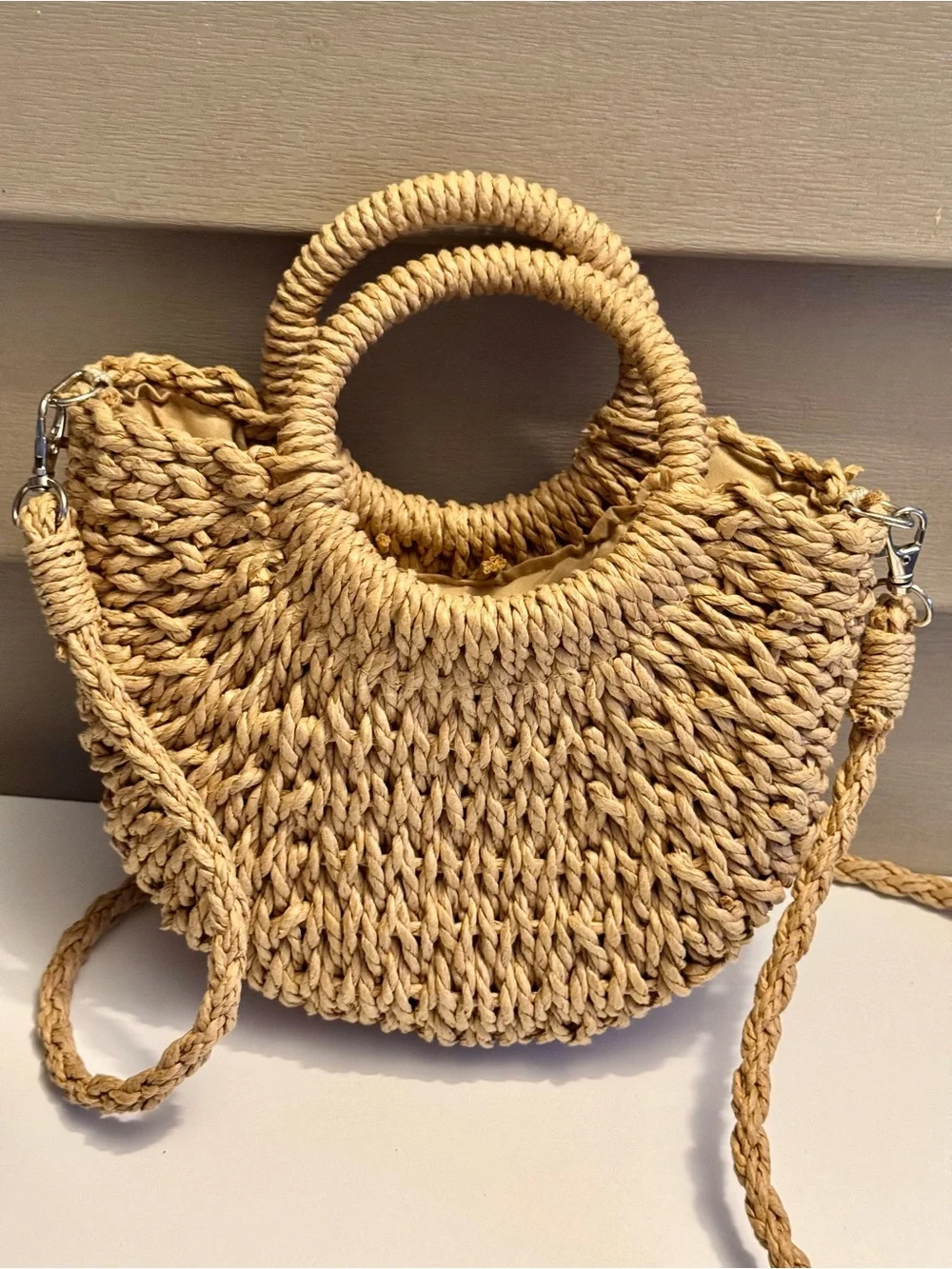 Woven Straw Crescent Tote Bag - Natural